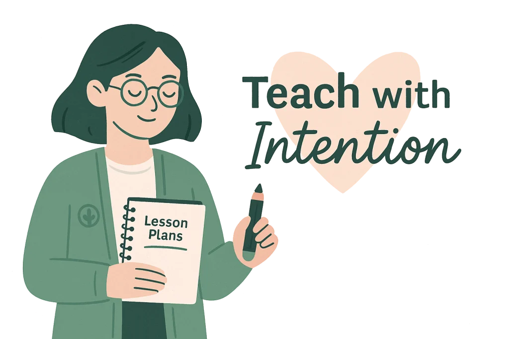 Illustration of a modern female teacher planning intestionally at her desk with a calm expression