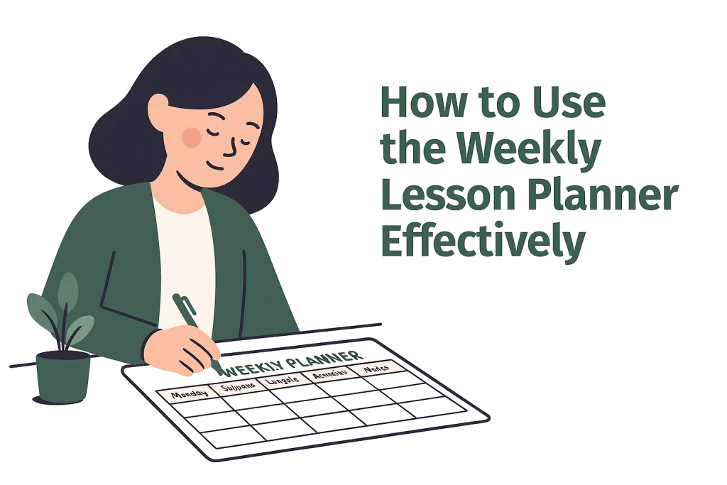Illustration if a modern female teacher sitting at her desk, writing in a weekly lesson planner